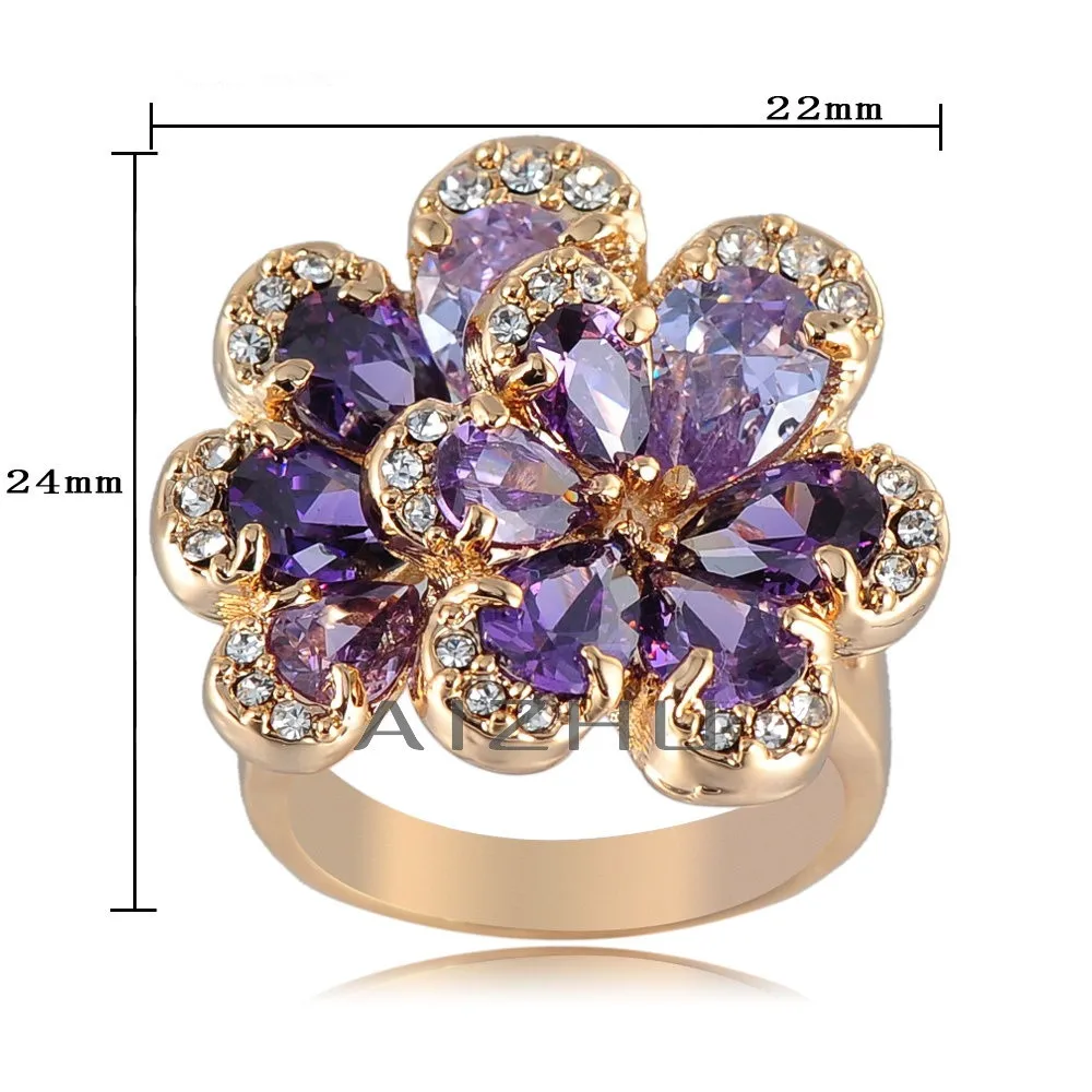 Free Shipping Charms Flower Shape Purple Zircon Women Rings Jewelry 18K Gold Plated Crystal Wedding Ring Size 5.5-10 | Украшения и