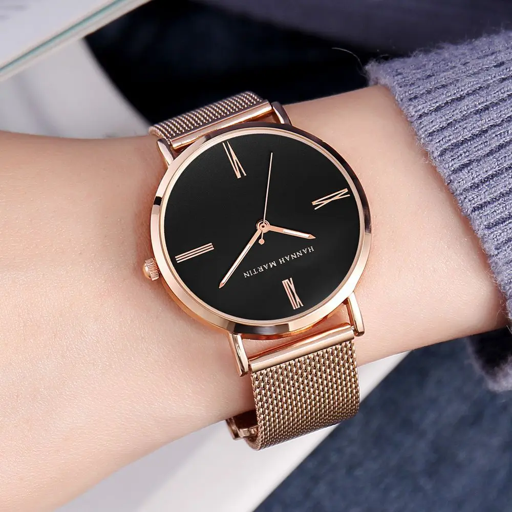 

2019 New Hannah Martin Luxury Brand Women Watches Rose Gold Ladies Watch Magnet Mesh Steel Strap Quartz Wristwatches Clock Gifts