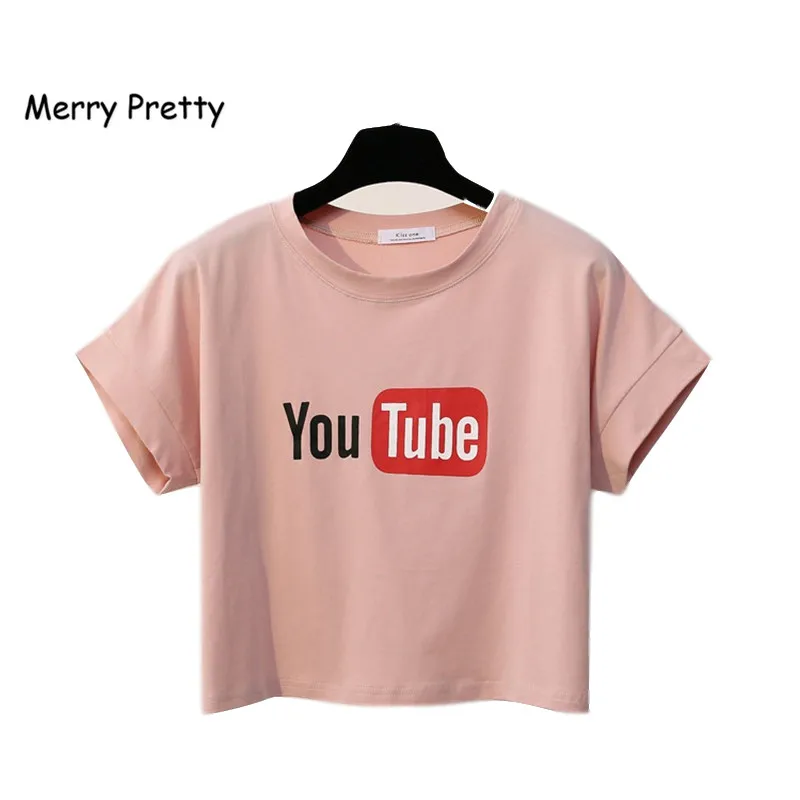MerryPretty, женские топы, модные, Harajuku, короткий рукав, хлопок, футболка, для девушек, круглый вырез, с буквенным принтом, танцевальный Топ, футболка