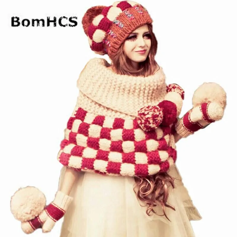 Шляпа bomhcs + шаль перчатки 100% ручная работа вязаная мягкая зимняя теплая Плотная