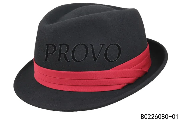 Men wool felt black fedora hat with red 
