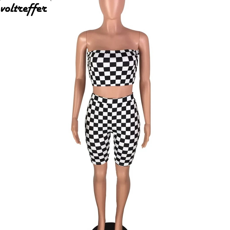 Black And White Plaid Print Strapless Playsuits For Women Two Piece Bandage Bodycon Bodysuit Knee Length Pants Suits Sexy Club | Женская