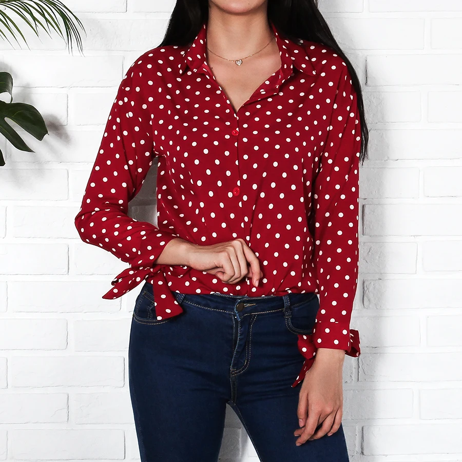 Red Vintage Polka Dot Shirts Women 2018 Autumn New Arrival Fashion Bow Long Sleeve Blouses Ladies Plus Size Casual Chiffon Tops | Женская