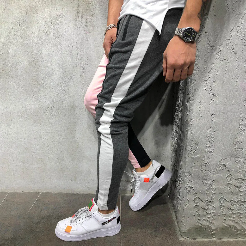 Мужские обтягивающие спортивные штаны с завязками, полосатые спортивные штаны, Цветные Лоскутные штаны для бега, спортивные брюки в стиле хип-хоп, Длинные Слаксы