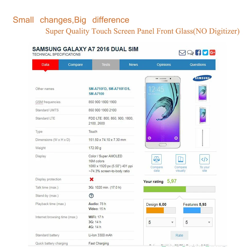 Для Samsung Galaxy A7 2016 A710 A710F SM-A710FD SM-A710F/DS сенсорный экран Передний со стеклянной