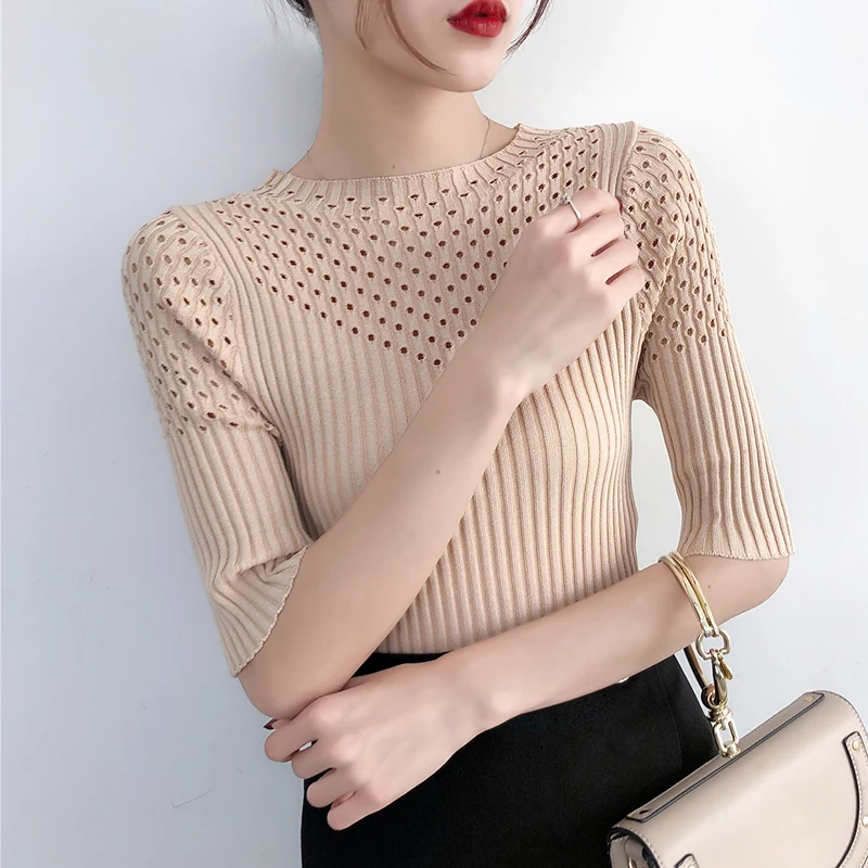 Женский трикотажный пуловер с рукавами-фонариками и круглым вырезом | Женская