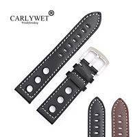 carlywet 22mm newest hot sell popular real calf leather handmade black brown with white stitches wrist watch band strap clasp