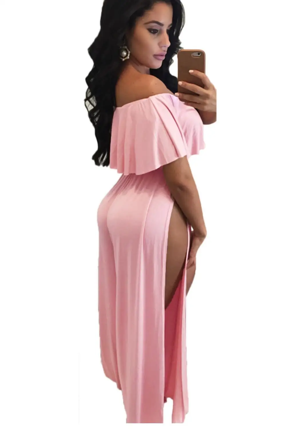 Розовый Рябить С Плеча Высокого Щелевая Широкую Ногу Партия Комбинезон|jumpsuit