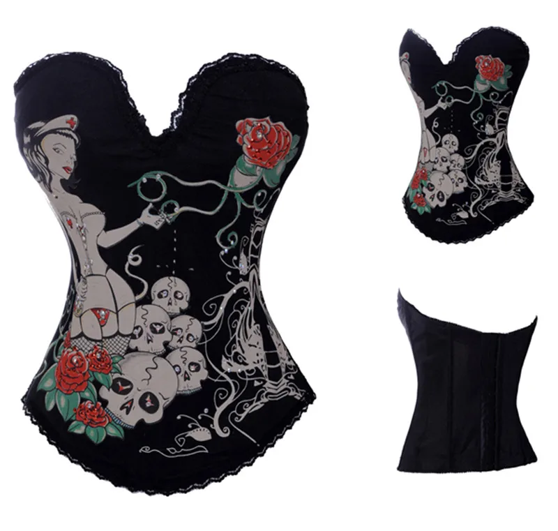 

Sapubonva Corsets And Bustiers Tops Rhinestone Women's Gothic Fashion Corselet Burlesque Print Overbust Corset Pattern Vintage
