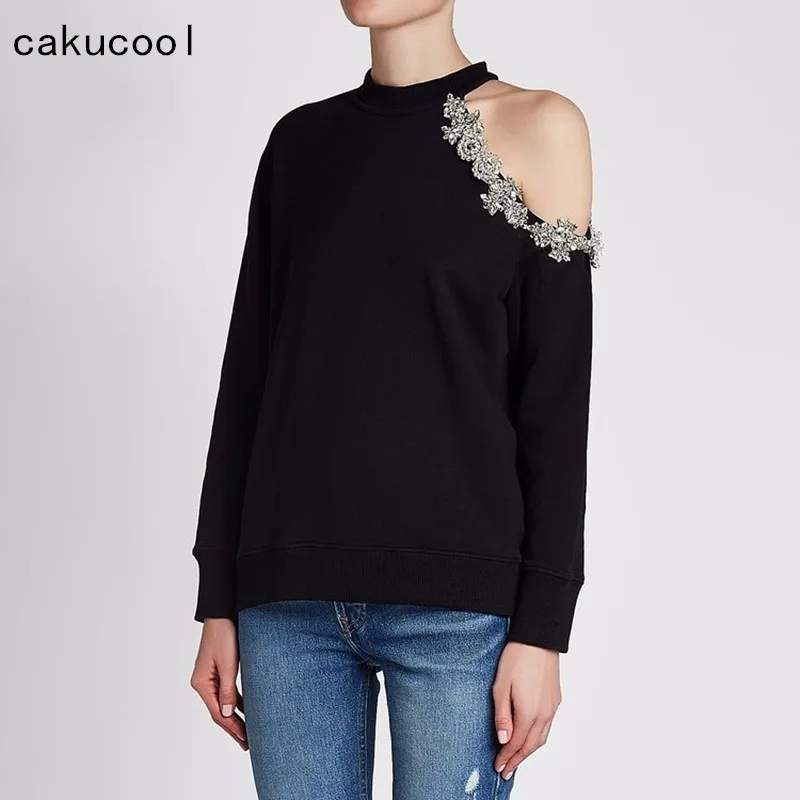 Женская толстовка с открытым плечом Cakucool черная Повседневная Толстовка вышивкой