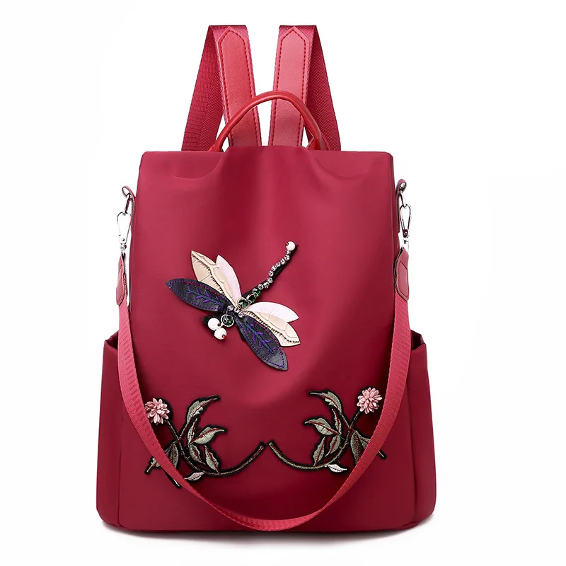 Waterproof Nylon Women Backpack Zipper Oxford School Bags For Girls Dragonfly Flower 3D Embroidered Backpack Female Rucksack