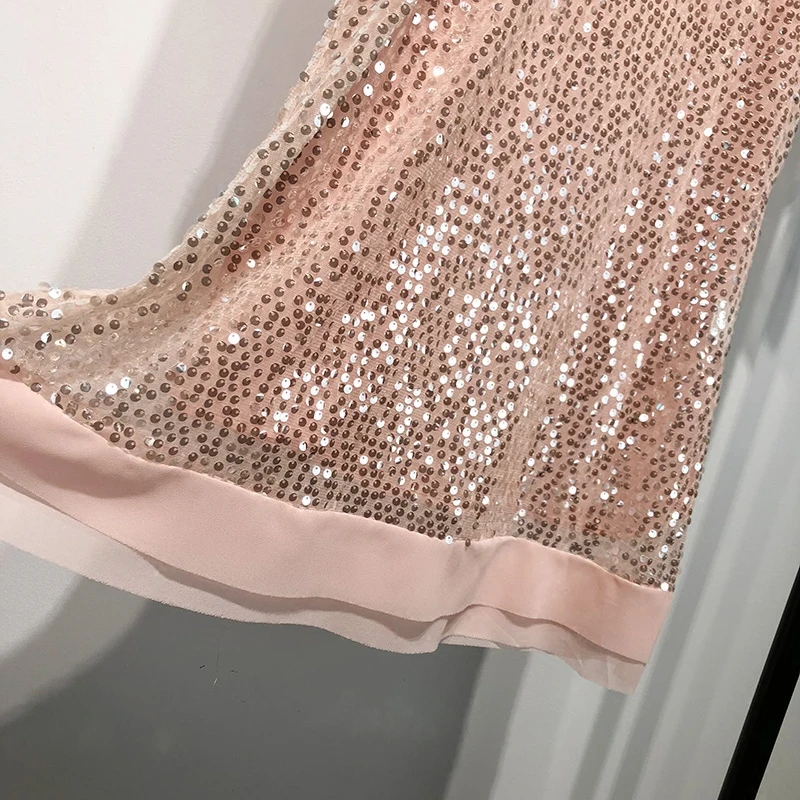 Boho Лето Женщины платье моды шить с короткими рукавами и круглым вырезом блестками розовый пляжная одежда Femme