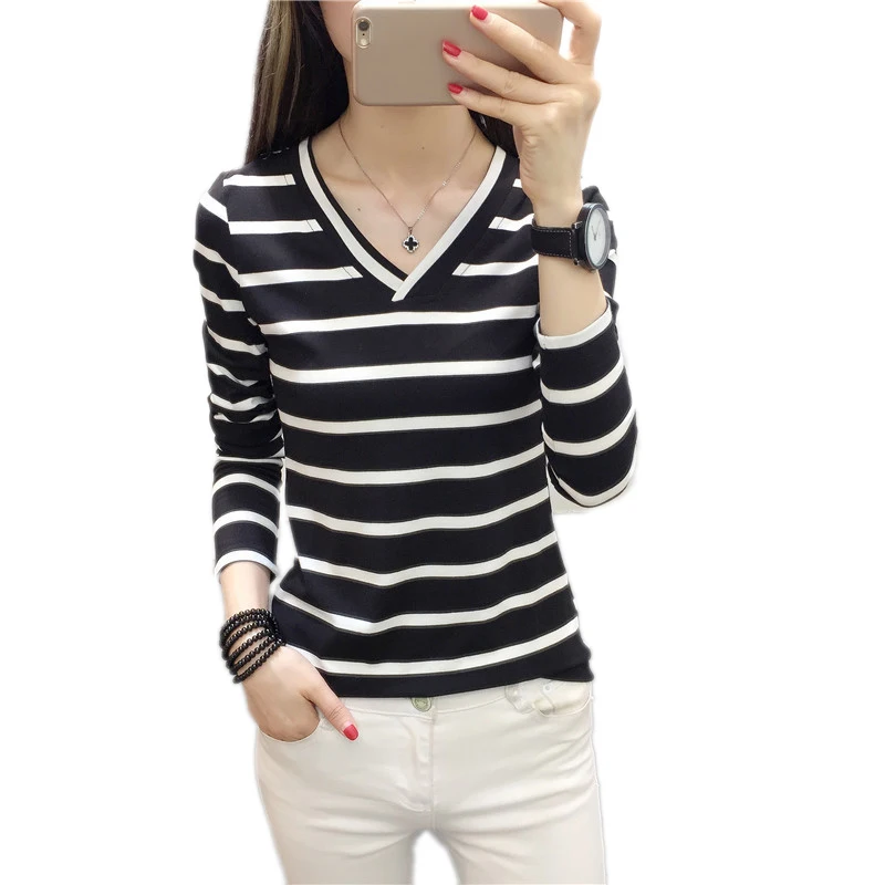 Футболка Летняя женская 2018 полосатая футболка с длинными рукавами v-образным