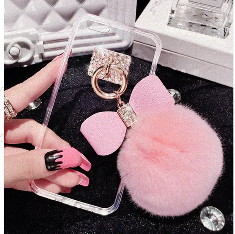 For Huawei Mate 10 Hot Luxury Chrome Clear Bling Diamond Bowknot Plush Ball Charm Phone Case Cover P20 Pro |