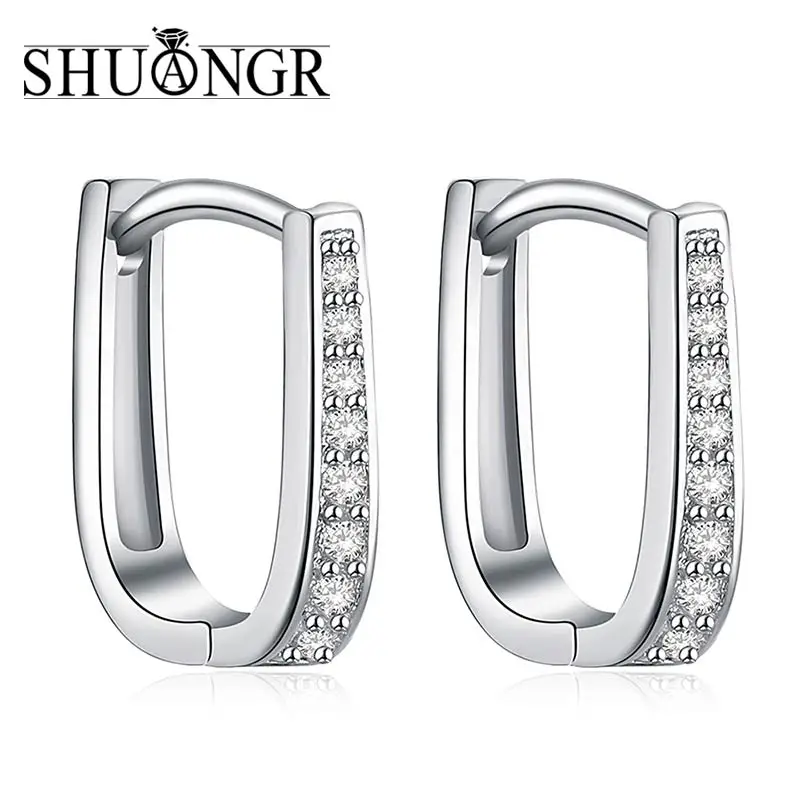SHUANGR, 1 пара, серебряные u-образные серьги-кольца, AAA, прозрачный кубический цирконий, Женские Ювелирные изделия, элегантные крошечные серьги-кольца, TB387