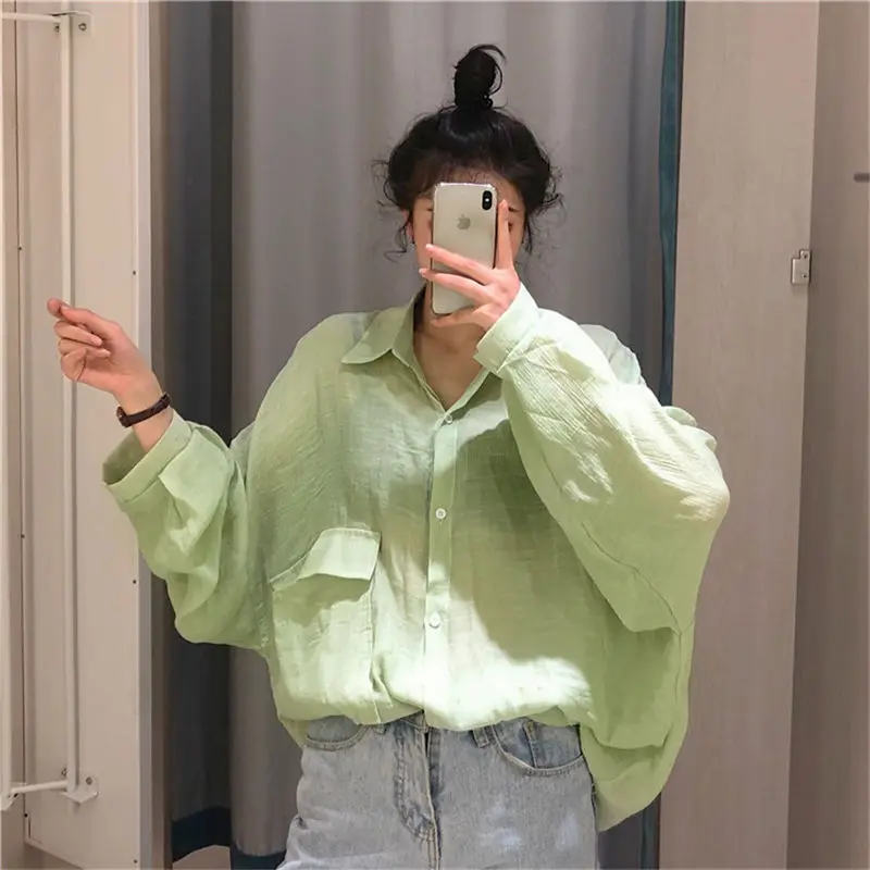light green HziriP, мода, летний, длинный рукав, корейская мода, элегантный, подходит ко всему, однотонный, тонкий кардиган, Повседневный, свободный, Солнцезащитная рубашка - Цвет: light green