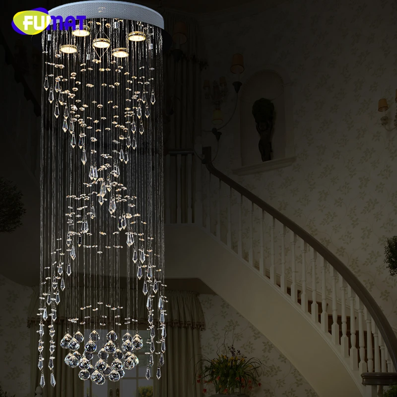 安い Fumat高級スパイラル階段クリスタルシャンデリア円形ledヴィラのリビングルーム長い照明現代の簡潔なクリスタルシャンデリア