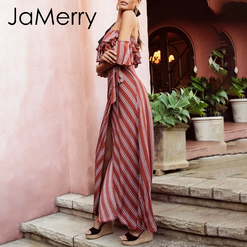 Женское платье макси JaMerry длинное в полоску с открытыми плечами и оборками для