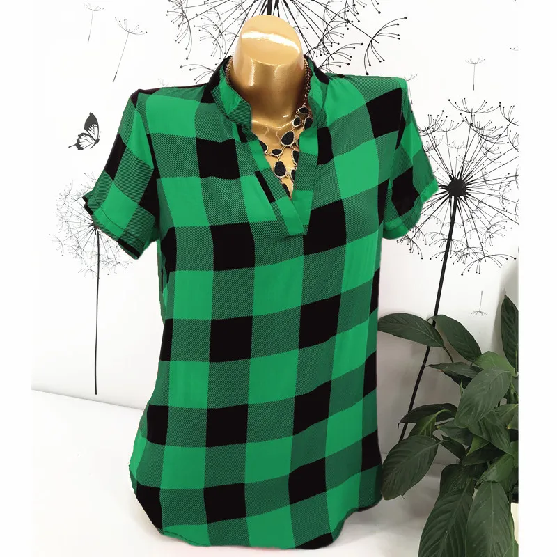 Short-Green Модная клетчатая футболка, женская одежда, туника, Camisetas Mujer, топы, повседневная Сетчатая футболка, топ, футболка размера плюс, XXXXL, 5XL, летняя - Цвет: Short-Green