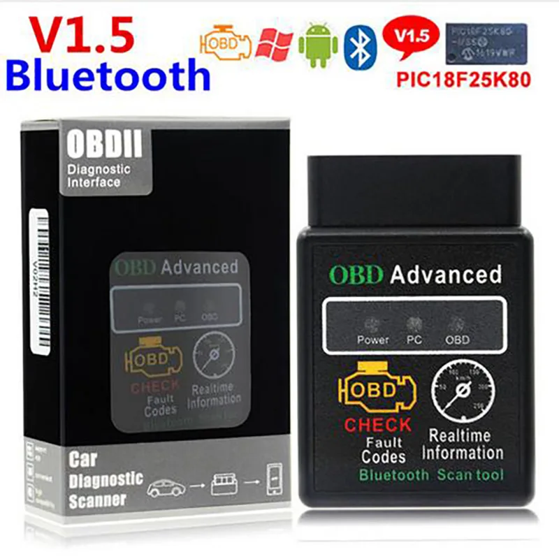 Лучший сканер HH Elm327 V1.5 bluetooth OBD2 с чипом 25K80 Bluetooth ELM 327 Инструмент для диагностики