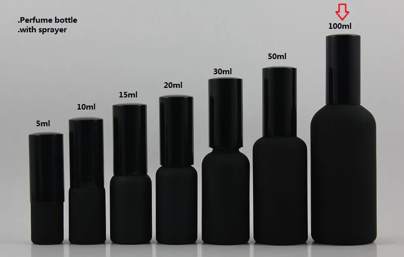 wholesale 100ml black frosted travel refillable perfume bottle with black atomiser spray mist lid , 100ml glass perfume packing