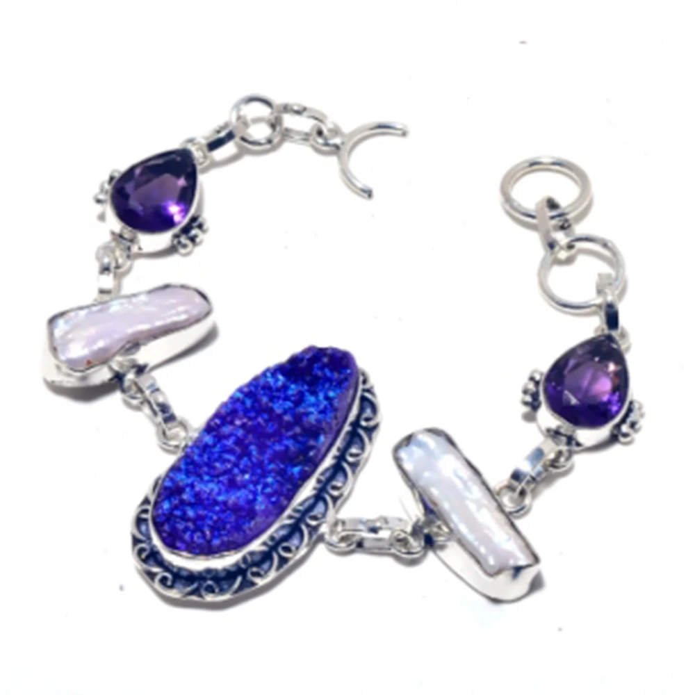 

Titanium Druzy,Biwa Pearls Bracelet Silver Overlay over Copper, 19.3 cm , B3731