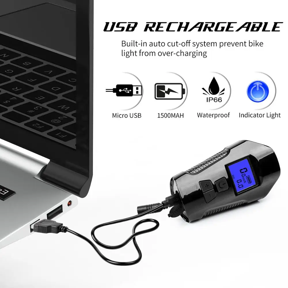 Waterproof Bicycle Light USB Rechargeable Bike Front Flashlight with Computer LCD Speedometer Cycling Head Horn | Спорт и