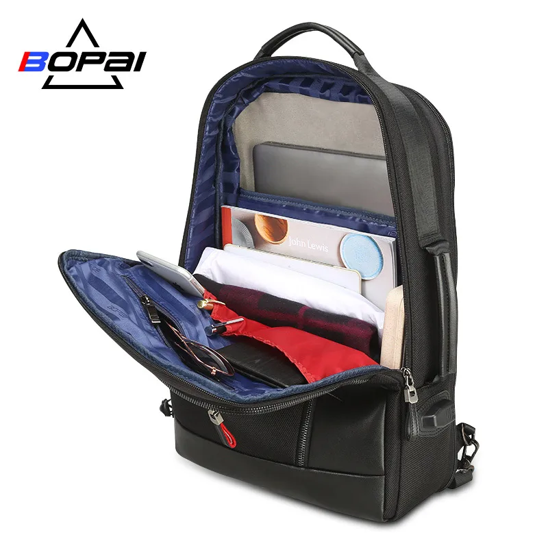 BOPAI, USB зарядка, мужской черный кожаный рюкзак, школьные сумки, скрытый карман, Противоугонный рюкзак, мужской рюкзак для ноутбука, sac a dos
