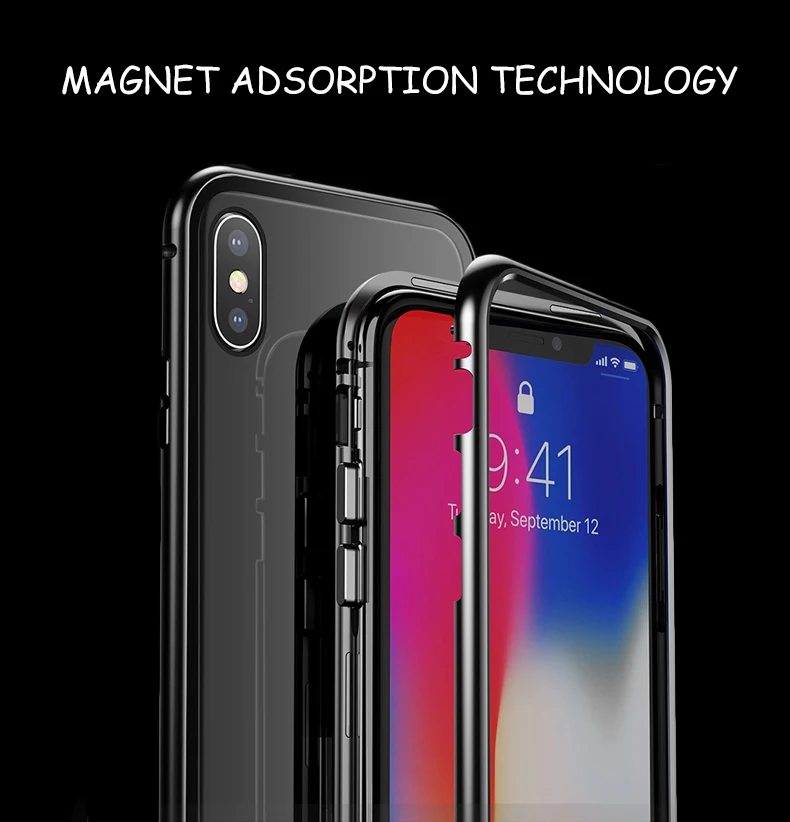 Magnetic Adsorption Phone Case Metal Magnet Absorption Screen Protector Tempered Glass Flip Cover For iPhone X 8 7 Plus |