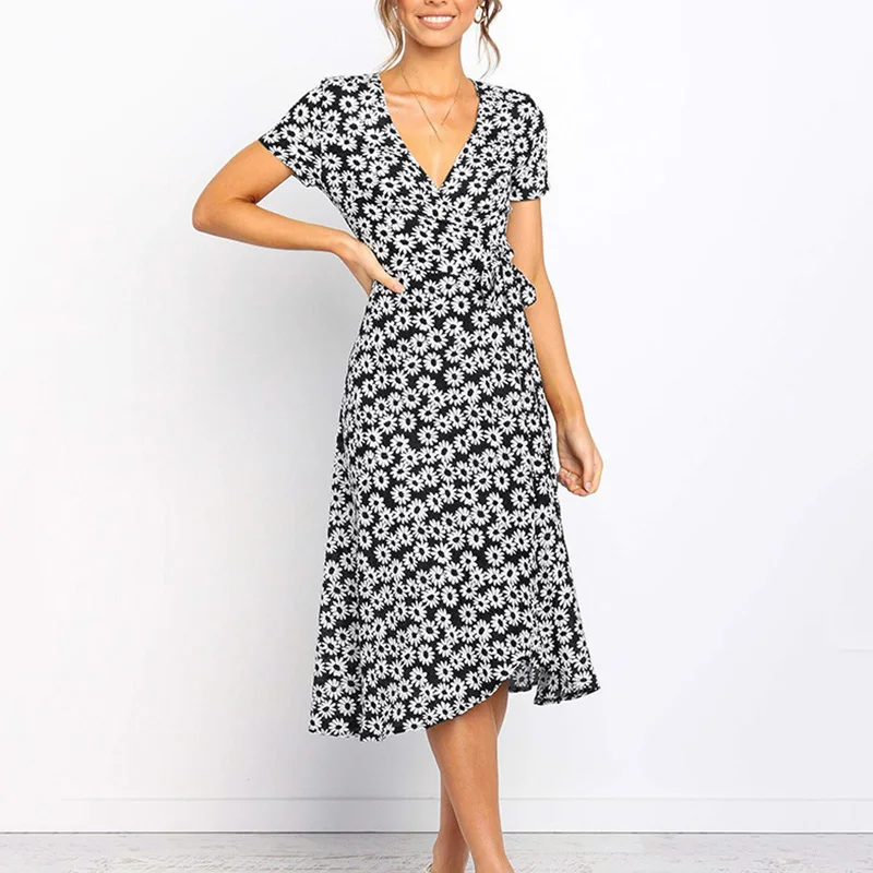 2019 женское праздничное платье пляжное с v образным вырезом коротким рукавом Boho