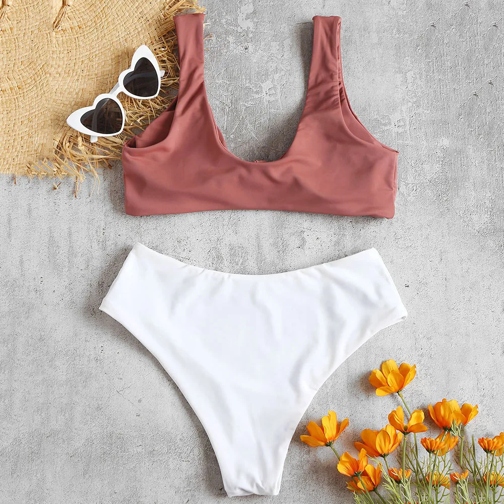 ZAFUL бикини с завязками спереди цветной блок высокой посадкой купальник талией