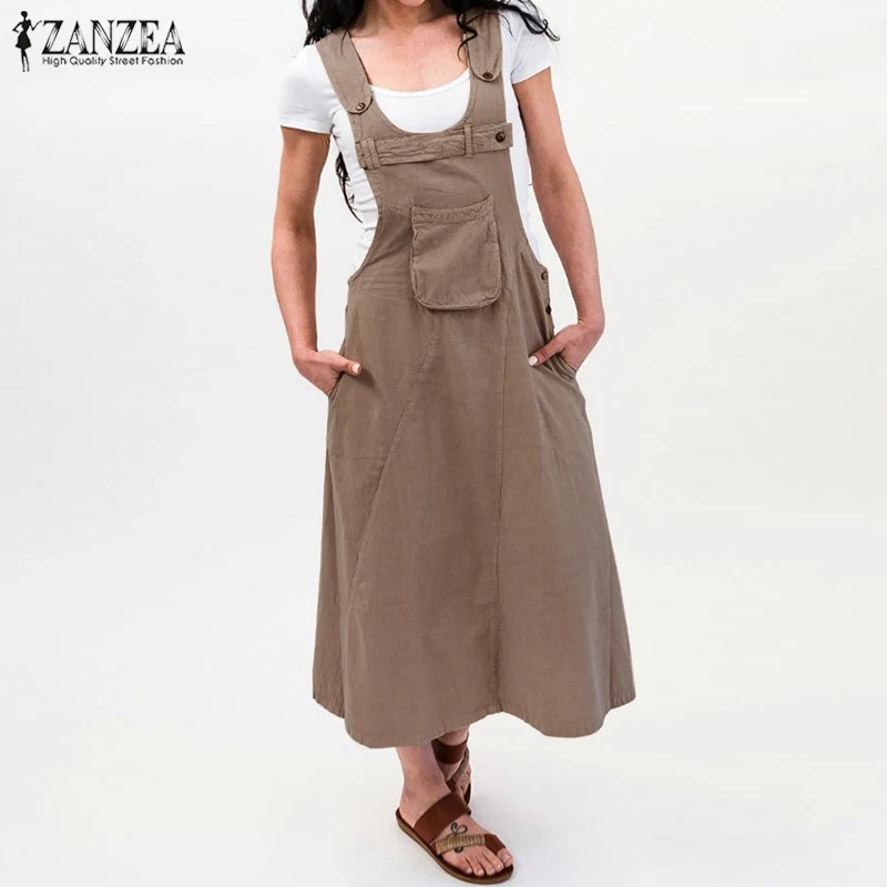 ZANZEA Summer Sundress Women Casual Suspenders Overalls Dress Vintage Solid Harajuku Dresses Vestidos Strapless Tunic Robe
