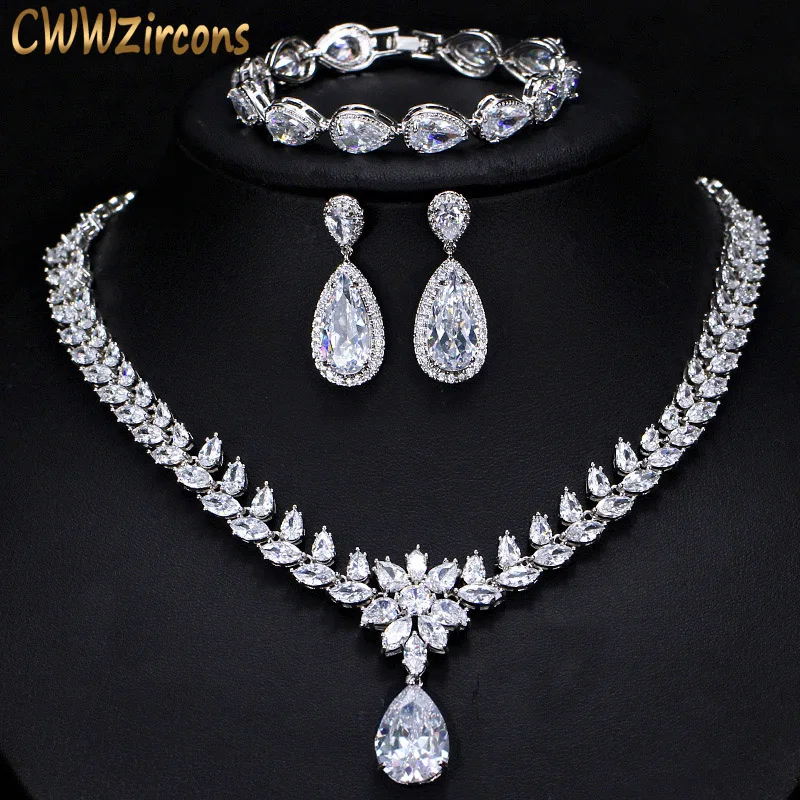 

CWWZircons Elegant Women Wedding Jewellery African CZ Crystal Leaf Drop Bridal Necklace Bracelet and Earrings Jewelry Sets T294