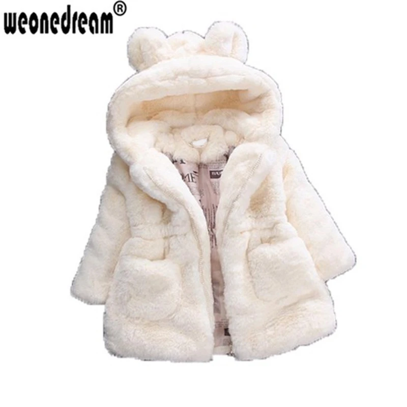 WEONEDREAM/зимняя одежда для маленьких девочек детское флисовое пальто с искусственным мехом теплая куртка с капюшоном и заячьими ушками Рождественский зимний комбинезон, верхняя одежда для детей 1-5 лет