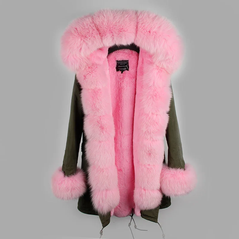 green pink fur Брендовая длинная шуба из натурального Лисьего меха со съемным воротником, женские зимние куртки, толстая теплая меховая парка, пальто из натурального меха - Цвет: green pink fur