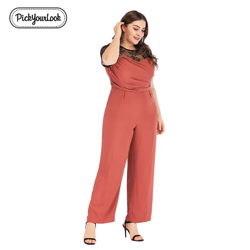 Pickyourlook, кружевной женский комбинезон, комбинезон размера плюс, летний, короткий рукав, полупрозрачный, женский боди, модный, большой, женский комбинезон