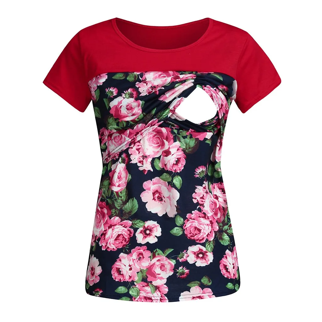 

Women Maternity Short Sleeve Floral Print Nursing T-shirt Tops For Breastfeeding(Navy )