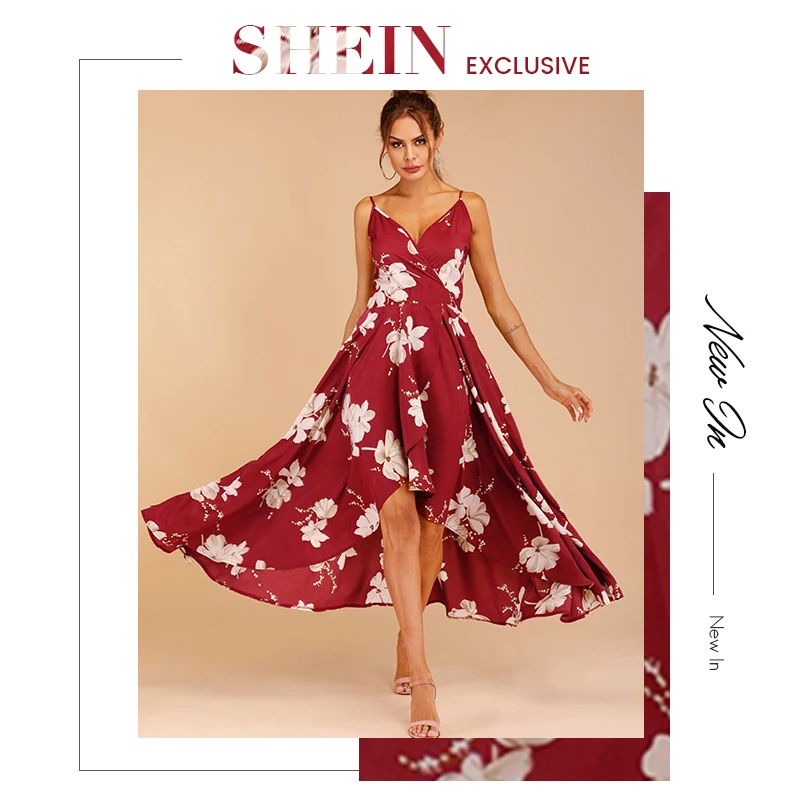 SHEIN сексуальное платье на бретельках с принтом в виде тюльпанов, женские платья без рукавов, летние платья с высокой талией