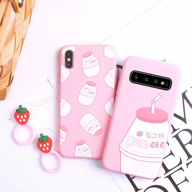 SAM S10 plus Pink girl Case cute Strawberry cover For Samsung S9 S8 / Note 8 /9 cartoon silicone soft Back Cover+Ring |