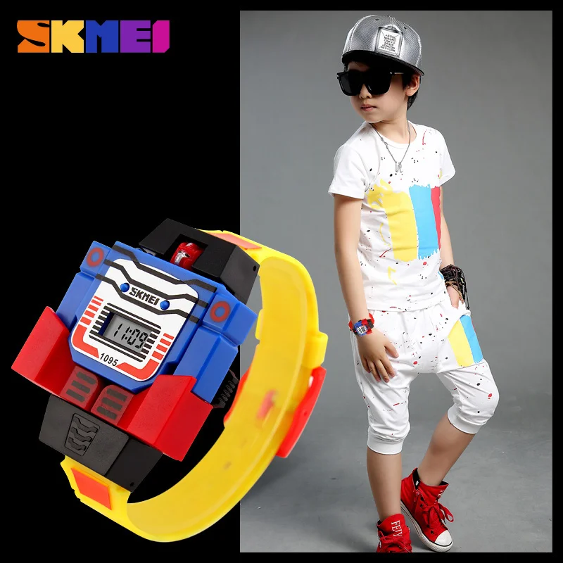 skmei kids watches led digital children cartoon sports watches robot transformation toys boys wristwatches montre enfant 1095 free global shipping