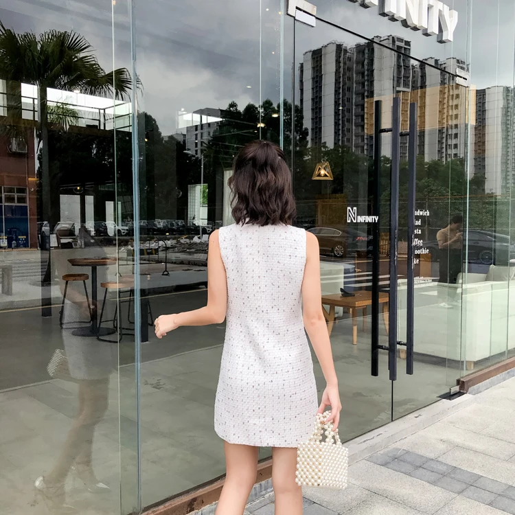 2018 Newest Fashion Design Brand Tweed Dress Lady Sleeveless Slim Women Double-breasted White Elegant Casual Woolen Mini Dresses | Женская