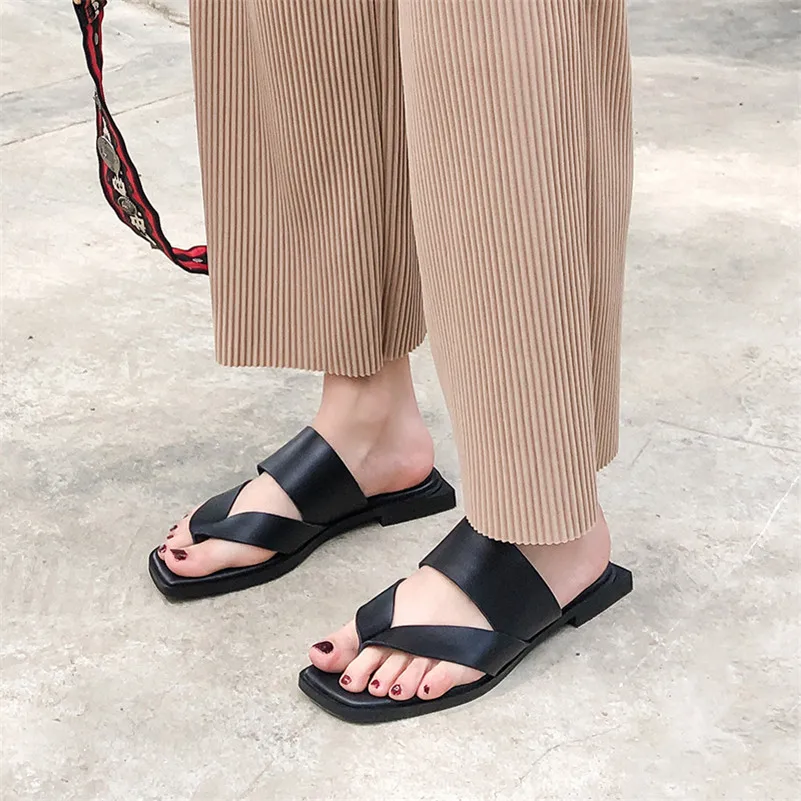 Женские пляжные сланцы FEDONAS из натуральной кожи с квадратным носком на низком