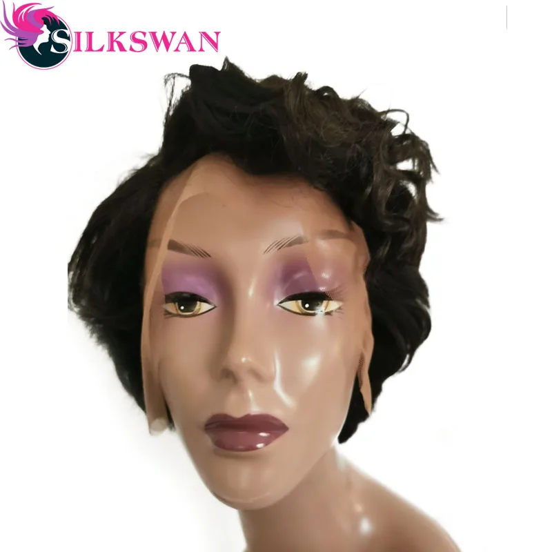 Парики из натуральных волос на кружевной основе Silkswan с короткой окантовкой, 150 плотность, индивидуальные парики, боковая часть для черных женщин