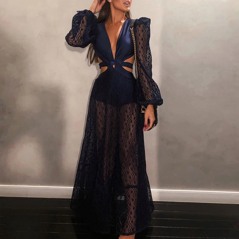 Bqueen Sexy Deep V Split Full Sleeve Women Dress Fashion Loose Floor Length Hollow Out Vestidos | Женская одежда