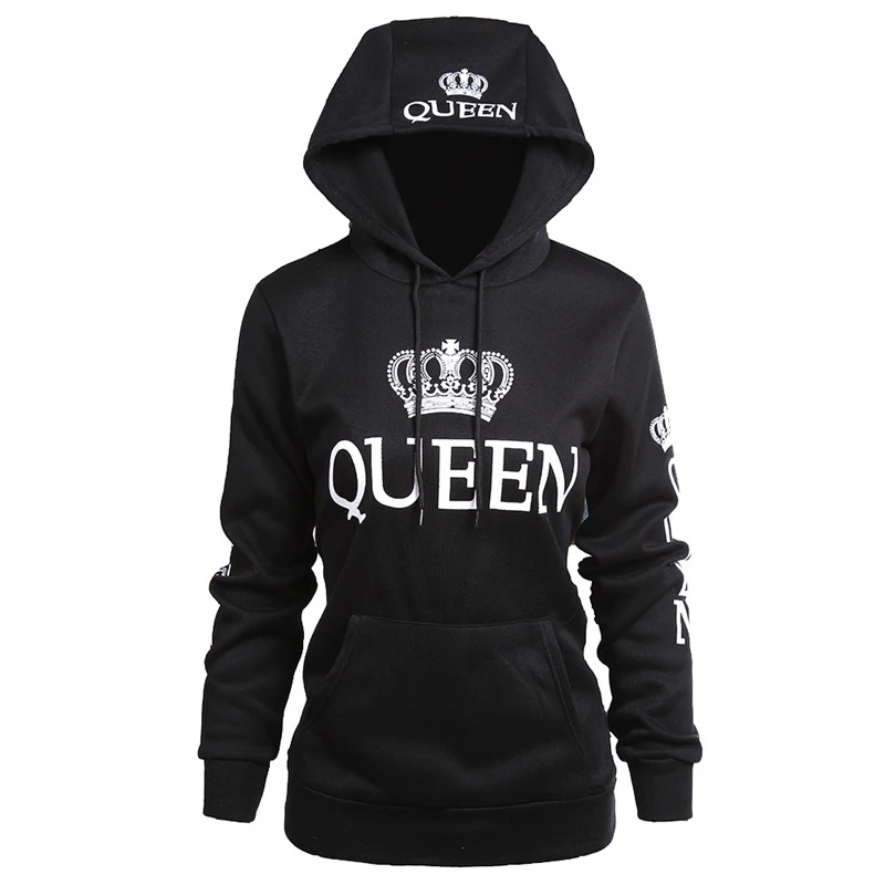 Женская толстовка с капюшоном длинным рукавом и принтом QUEEN KING повседневная