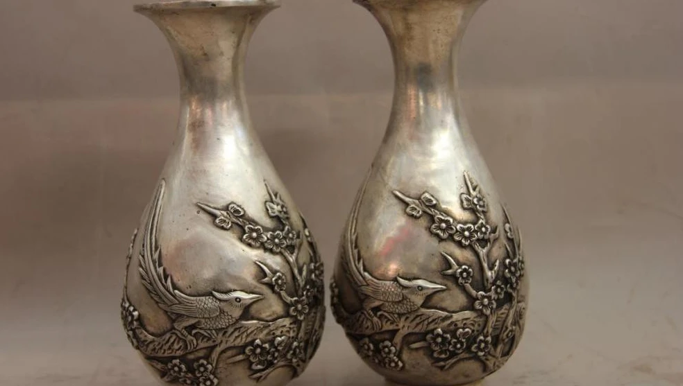 

China White Copper Silver Plum blossom Flower Bird Blessing Fu Pot Vase Pair