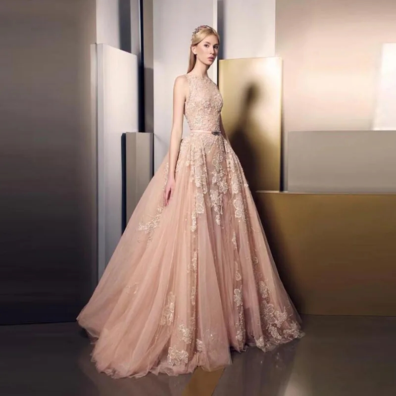 

Elegant Evening Dresses Long Party Gowns Appliques Vestido De Festa Lace Evening Dress Chic Sheer Neck Sleeveless Robe De Soiree