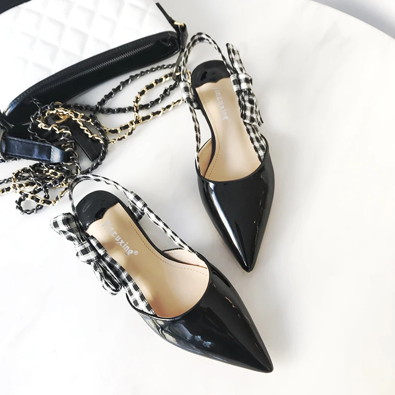 Сандалии Teahoo женские из лакированной кожи босоножки в клетку с бантом плоская