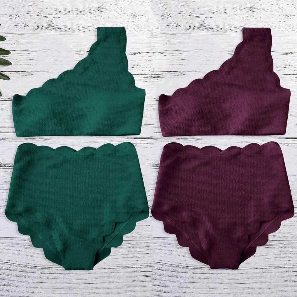 Summer Lady High Waisted Swimsuit Two Pieces Scalloped Trim One Shoulder Bikini Padded Bra Swimwear Solid Purple Green Beachwear |