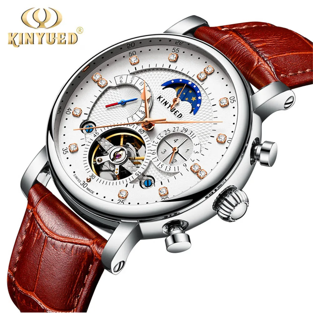 White and Silver KINYUED дизайн натуральная кожа бриллиантовый дисплей турбийон автоматические механические часы мужские часы лучший бренд класса люкс - Цвет: White and Silver